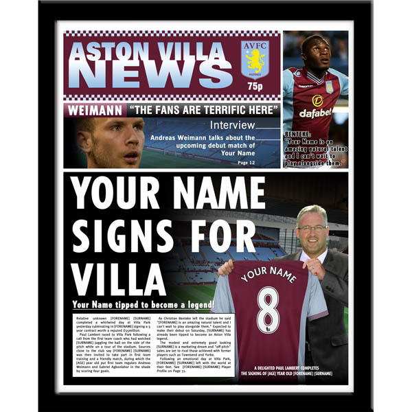 Aston Villa - Personalised Framed Newspaper