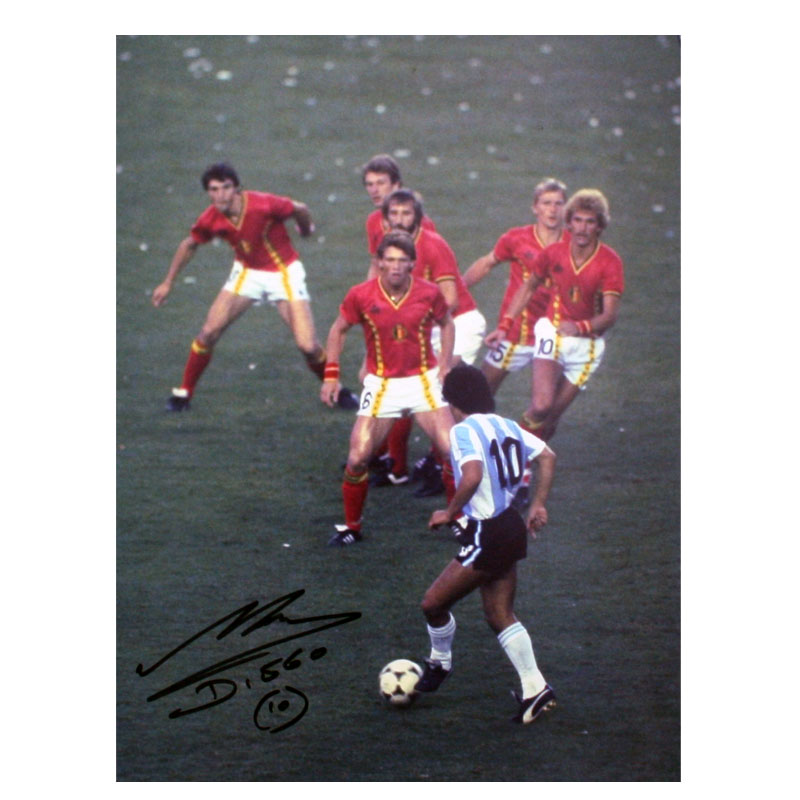 Diego Maradona Signed Print: Maradona Takes On Belgium