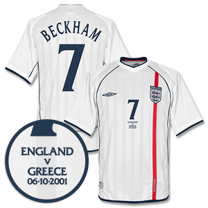 England Home Beckham Shirt 2001 2003 with Greece vs England MDT
