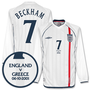 England Home L/S Beckham Shirt 2001 2003 with Greece vs England MDT