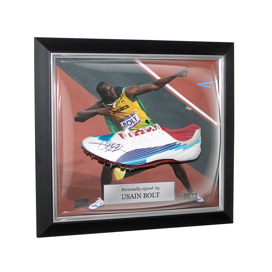 Usain Bolt Signed and Framed White London 2012 Olympics Spikes