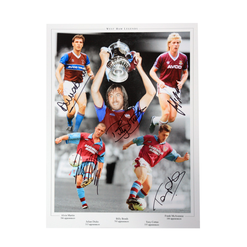 Tony Cottee, Frank McAvennie, Alvin Martin, Julian Dicks and Billy Bonds Signed West Ham Photo