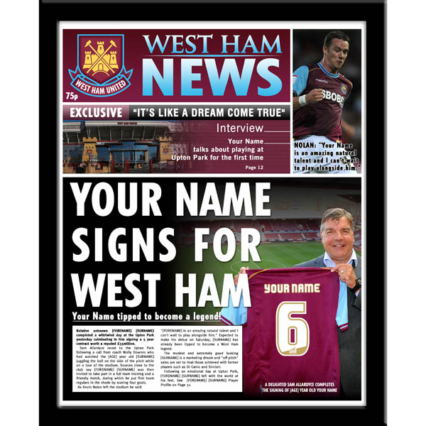 West Ham - Personalised Framed Newspaper